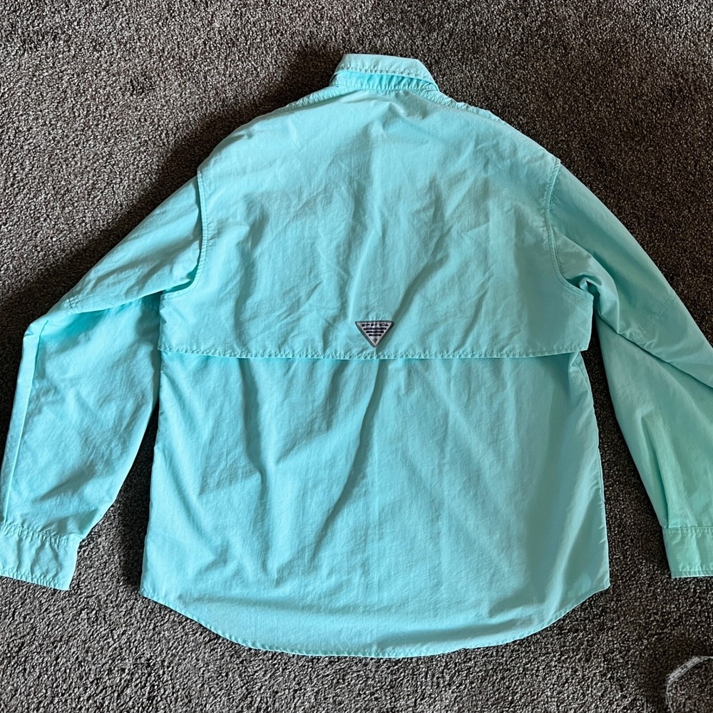Columbia‎ PFG Fishing Shirt Omni-Shade Teal Roll-Up Long Sleeve Button Up - Picture 2 of 9